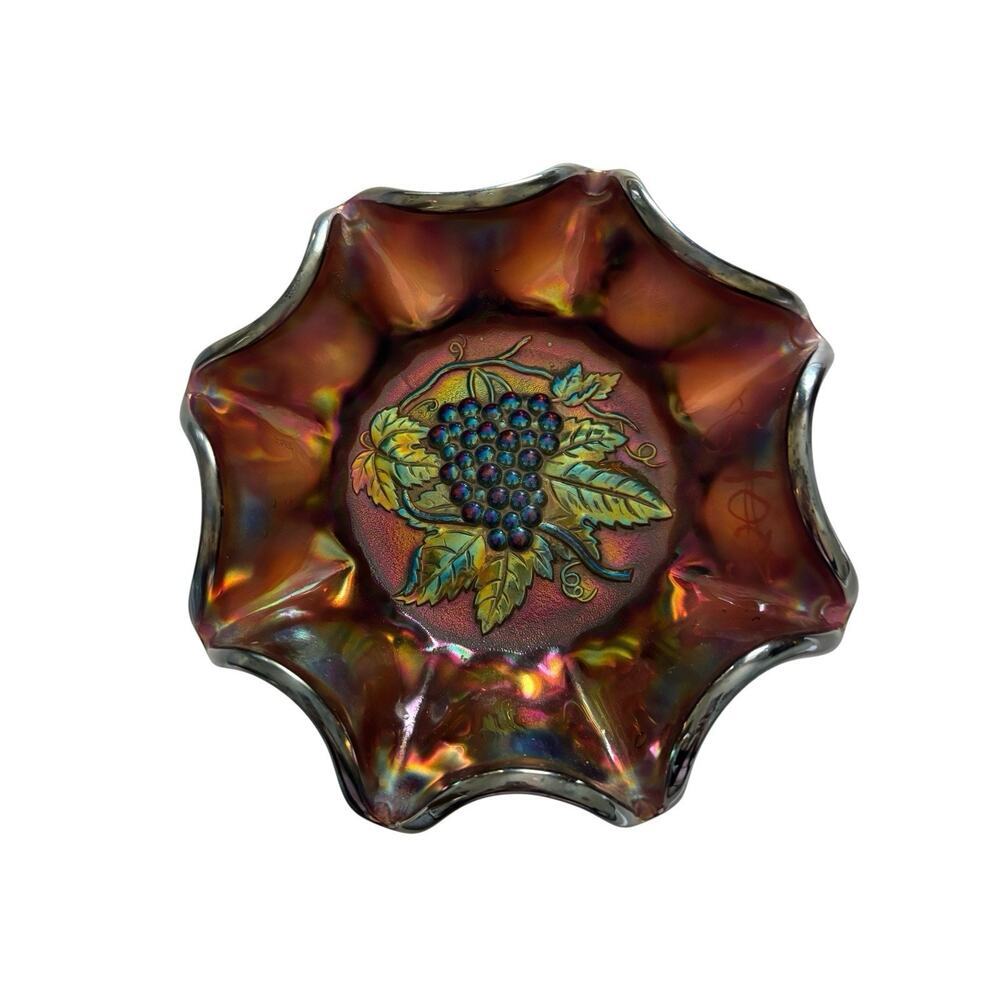 Heavy Grape Carnival Glass Ruffle Edged Bowl 7.5” Antique Purple Iridescent